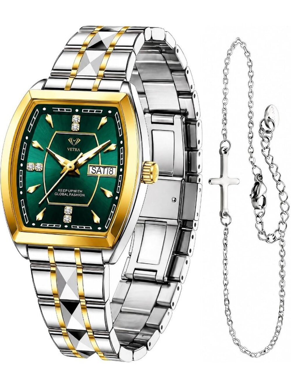 Women's Green Two Tone Stainless Steel Waterproof Casual Dress Date Wrist Watch